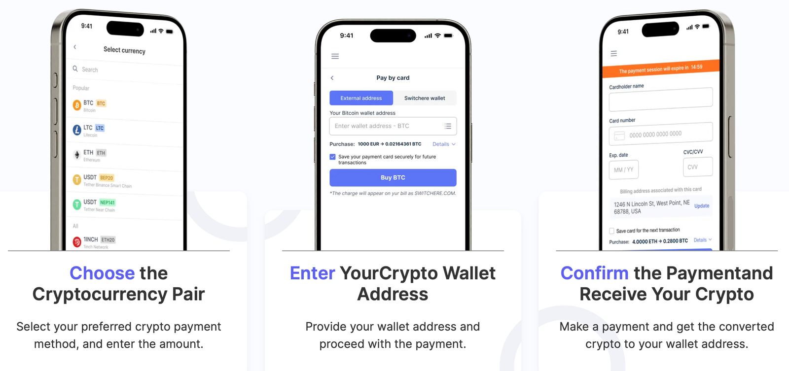 Step-by-step guide to buying cryptocurrency with credit card: Choose cryptocurrency, Enter wallet address, Confirm payment